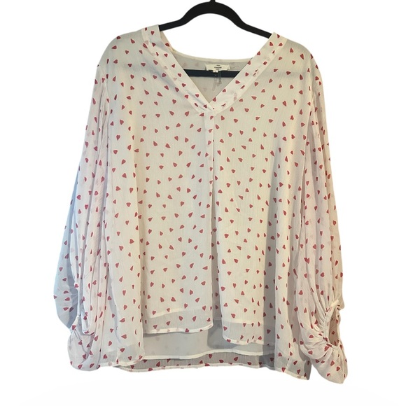 entro Tops - Entro Heart Print White Blouse with Balloon Sleeves